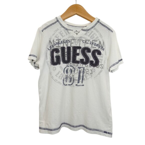 Guess Kids Boys White Graphic T-Shirt Size 7 Logo Patchwork SS Tee Streetwear - Picture 1 of 4